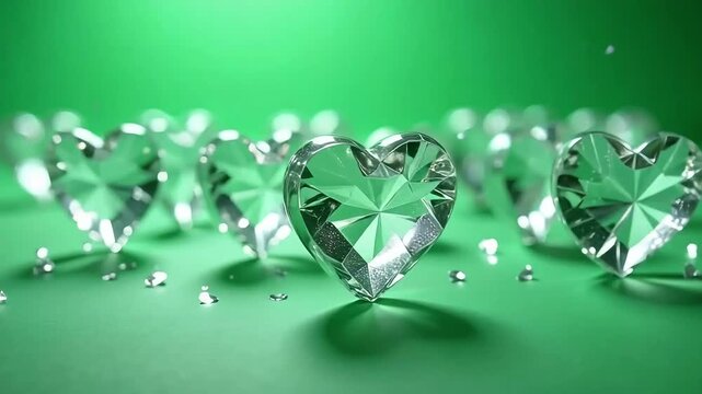 Elegant crystal hearts glimmering on a vibrant green surface for St Patrick day celebration