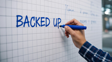 Hand writing backed up on a grid whiteboard with blue marker 1