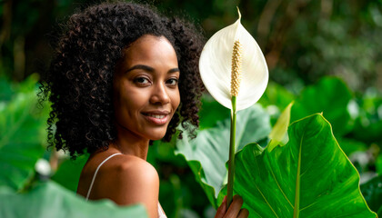Mujer afrodescendiente sonríe junto a planta de interior en ambiente tropical con luz natural y serena