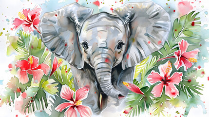 watercolor painting of a cute baby elephant
