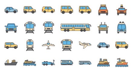 Collection of diverse transportation vehicles including cars buses trains planes and boats in a colorful flat design silhouette