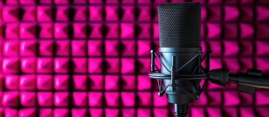 Studio Microphone on Bright Pink Acoustic Panel Background for Professional Recording