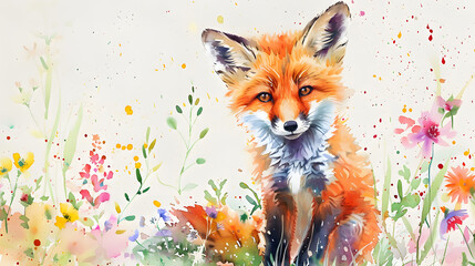 watercolor painting of a cute baby fox with flower