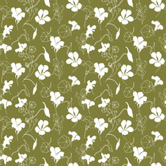 Seamless pattern with white nasturtium flowers on green background. Hand-drawn vector illustration for wedding, fabric, invitation or greeting card. 