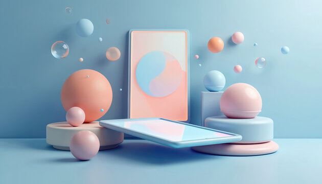 Modern UI UX 3D render features floating spheres and tablet screens with pastel colors. Minimalist abstract design in blue, orange, white showcases technology and digital interface elements.