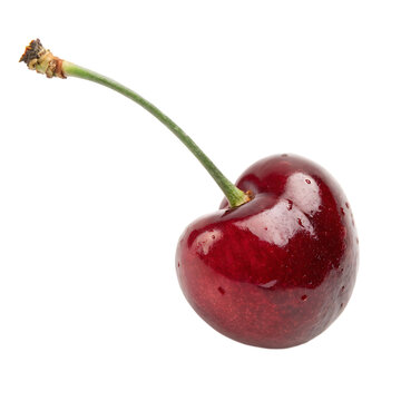 A single fresh red cherry with a stem isolated on a transparent background png