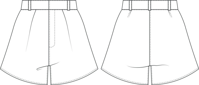 darted tailored pleated high mid rise waist wide leg mini short template technical drawing flat sketch cad mockup fashion woman design style model 
