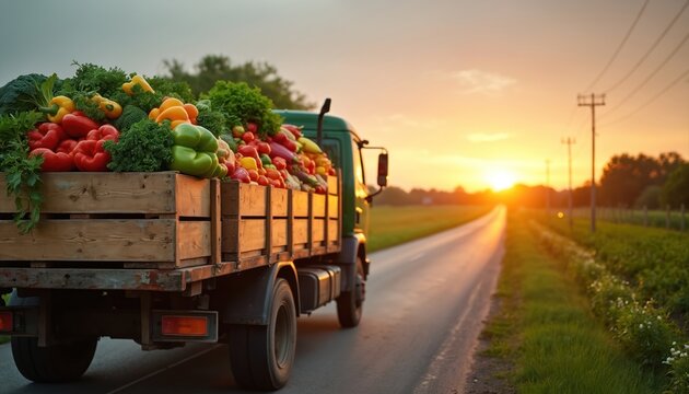 Agricultural truck loaded with fresh vegetables travels on rural road during sunset. Vibrant produce fills wooden crates, farmland beauty, bounty. Local transport journey healthy farm-to-table