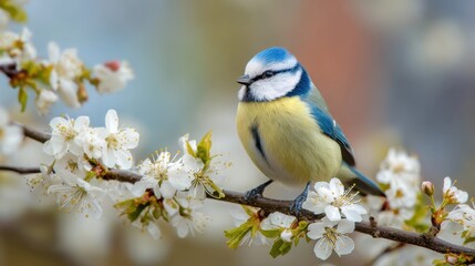Obraz premium A vibrant blue and yellow bird stands on a branch adorned with delicate white flowers, enjoying the warmth of the sun during the joyful early spring season.