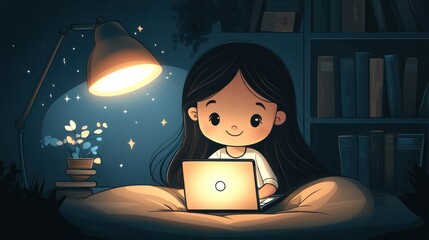 The girl is typing on her laptop. Her smile is soft and relaxed. The room is filled with the soft glow of a desk lamp.
