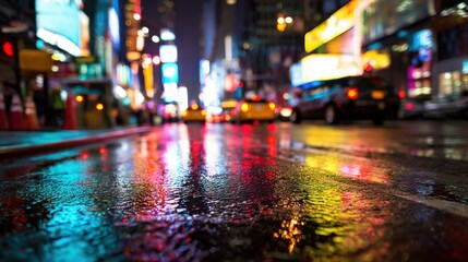 Obraz premium Rain-soaked street in an energetic city at night. Bright neon lights reflect off the ground, creating a dynamic and colorful atmosphere. Cars pass by, adding to the lively scene.
