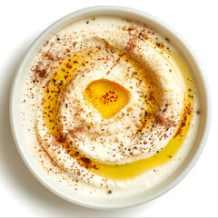 Creamy Hummus Topped with Olive Oil and Spices in a White Bowl