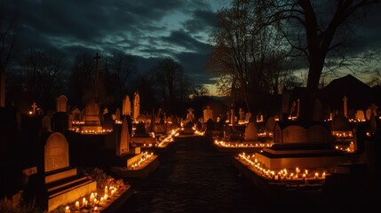 Candlelit Remembrance: Graves Illuminated in the Twilight of the Cemetery