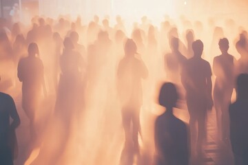 Fototapeta premium Crowd moving through misty urban landscape during evening hours, People crowd in blur timelapse