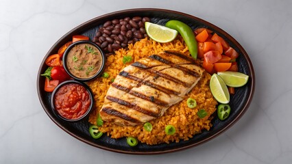 Mexican dish with grilled chicken, black beans, yellow rice, tomato, lime, and pico de gallo.