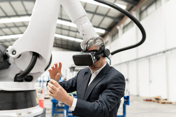 Businessman wearing virtual reality gesturing in factory
