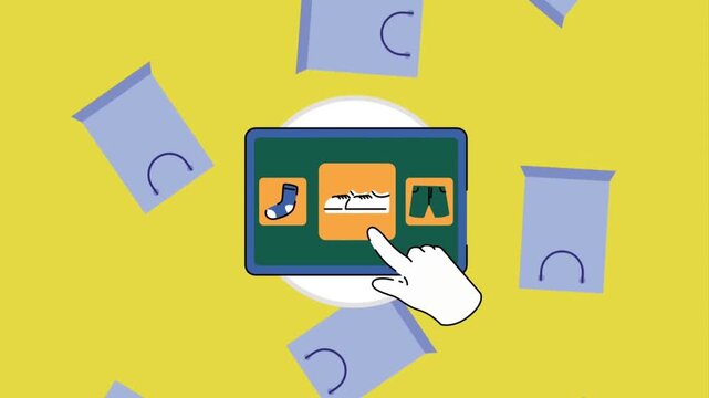 Vector illustration of a hand clicking a fashion-related item (like clothes or socks) on a digital screen, representing e-commerce or online clothing stores.
