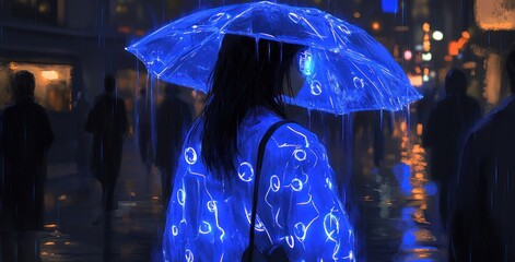 The cyberpunk girl walks through the rainy streets, her glowing cybernetic eye scanning the crowd as her translucent coat flashes with blue holographic patterns.