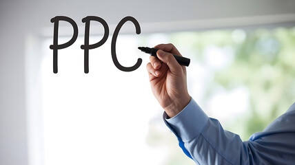 Hand writing P C on glass with marker pay per click