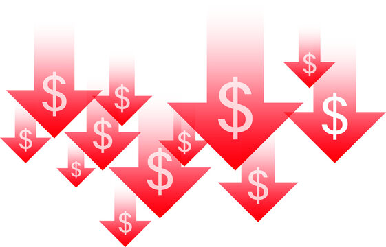 dollar Decline Red Arrows or Falling Rates Concept. representing concepts of decline, reduction, falling trends, losses, negative performance, or downward movement in various contexts.
