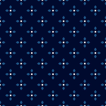 Simple geometric pattern abstract squared shapes motif classic blue minimal background. Small diamond, floral elements modern fabric design textile swatch women dress, man's shirt allover print block.