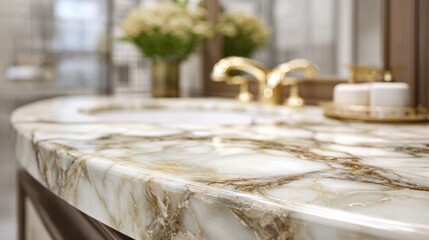 A beautifully designed bathroom features a polished marble countertop with intricate patterns, complemented by gold faucets and decor. Fresh flowers add a touch of elegance.