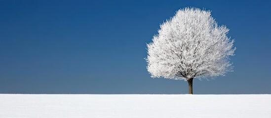 Solitary tree covered in frost, standing in a snowy expanse under a clear sky