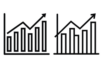 Black line art bar chart with upward trend arrow and graph data statistics