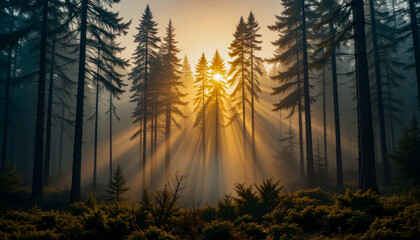 Sunbeams pierce a misty pine forest at dawn, creating a magical, ethereal atmosphere.  Tall trees stand silhouetted against the radiant light, casting long shadows.