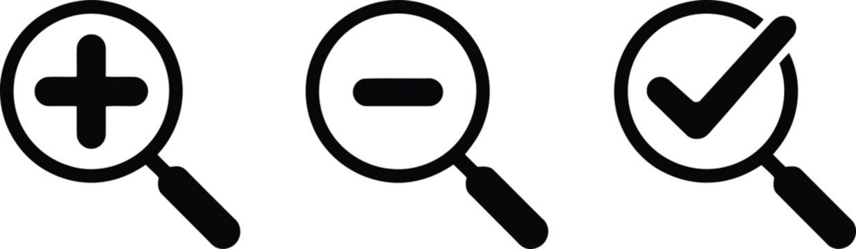 Magnifying Glass Icon Set with Plus, Minus, and Check Marks Symbols