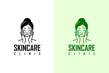 illustration of woman touching her acne face, icon, vector logo for skin specialist, dermatologist, cosmetics brand, skin wellness, makeup, luxury facial spa, anti aging, skincare, and more