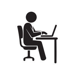 Black and white icon of person sitting at desk typing on laptop woman