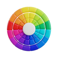 Obraz premium 3d icon of a vibrant 3d color wheel showcasing a spectrum of hues arranged in concentric circles, isolated on a transparent background