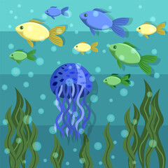 Underwater world of fish, jellyfish, algae.Vector illustration of marine life.