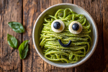 Fun food for kids - cute smiling face of green spaghetti monster served in a white bowl with eyes made of cheese and olives. Healthy vegetarian eating for children
