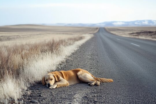 Lost dog resting along a quiet roadside in an expansive, rural landscape, lost dog lying on the side of the road