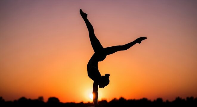 Graceful gymnast performs an impressive handstand against a vibrant sunset sky silhouette