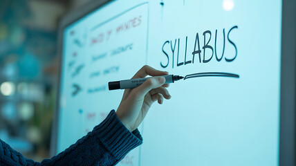 Hand writing syllabus on a bright whiteboard marker