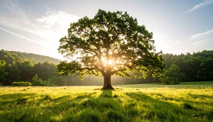 Iconic oak tree bathed in golden sunlight