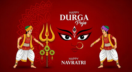 Obraz premium Durga Puja Navratri Celebration Illustration with Dancers and Trident