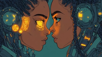With her face half illuminated by electronic circuits embedded in her skin, the girl is a cyberpunk.