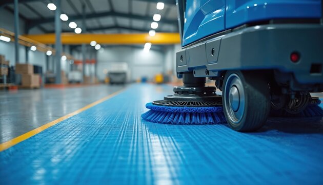 Automated floor scrubber cleans industrial facility. Blue matting, yellow line. Machine uses brushes for maintenance, hygiene, sanitation. Modern warehouse technology for clean business environment.
