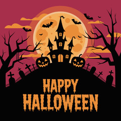 Spooky Halloween Castle with Pumpkins and Bats