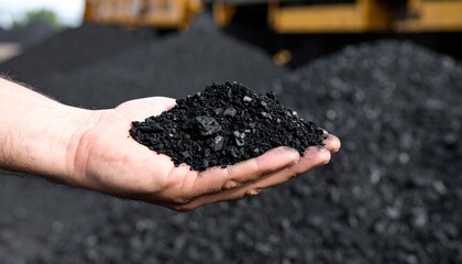 A close-up of a worker's hand holding a handful of raw black coal at an industrial mine. Concept of fossil fuel and energy resources.