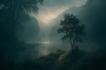 Fototapeta premium Ai Generated:Misty Landscape with Lone Tree, Path, and Calm Water Under Cloudy Sky