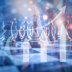 Strategic Business Growth Concept with Chess Pieces and Upward Graph Overlay