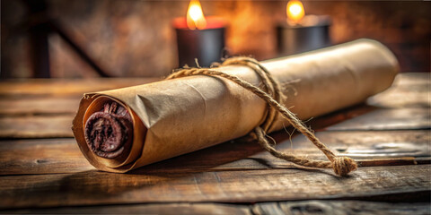 A rustic scroll tied with twine rests on a wooden table, illuminated by the warm glow of candles nearby, creating an inviting and historical atmosphere