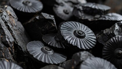 Obraz premium Intricate collection of handcrafted black metal or stone rosettes with a radial sunburst pattern on a dark textured background