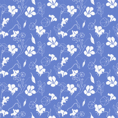 Seamless pattern with white nasturtium flowers on blue background. Hand-drawn vector illustration for wedding, fabric, invitation or greeting card. 