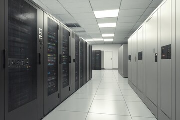 Financial data processing operations occurring in a modern server room environment, financial data processing over server room